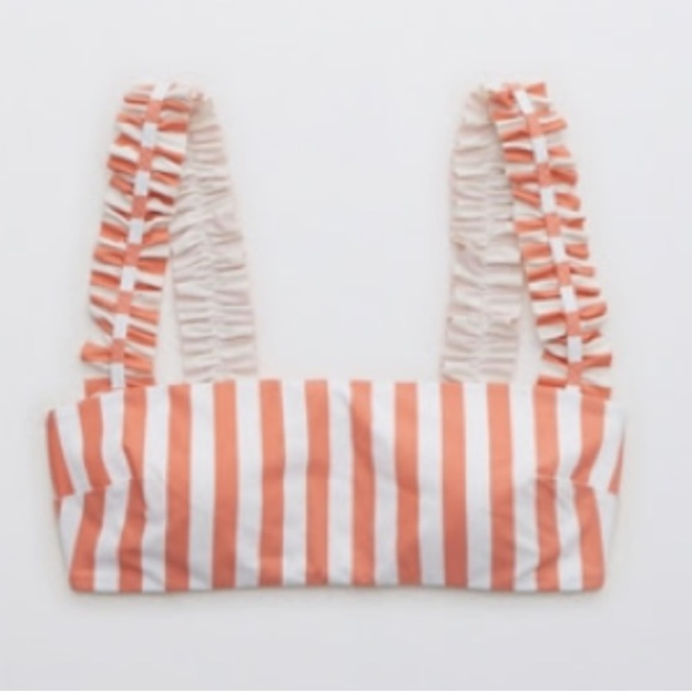 Aerie Ruffle Coral and White Striped Cheeky Bikini size XS
